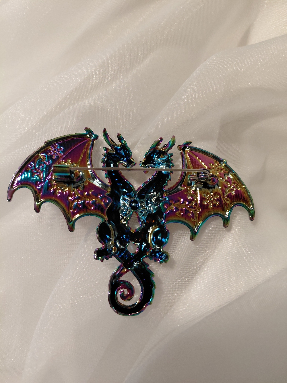 Iridescent Twin Dragon Wing Brooch - Multicolor